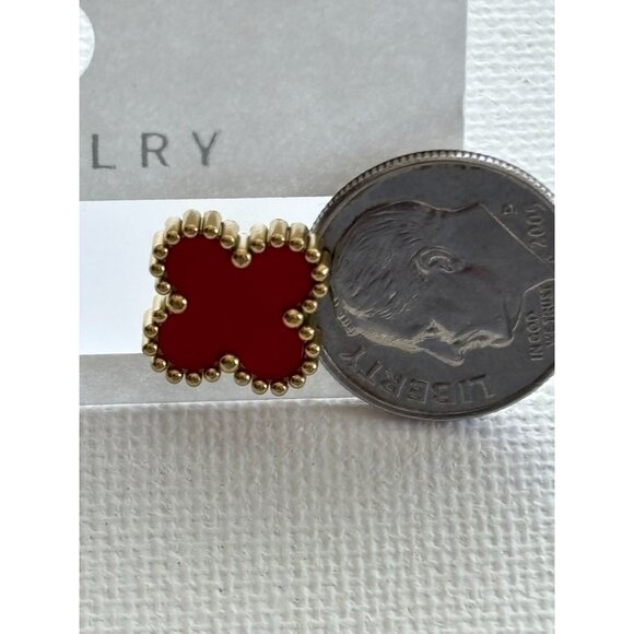 Gold-Tone Red  Stud Earrings With Beaded Edges - Picture 6 of 7